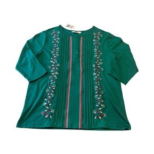 Heritage Charm‎ Womens Pine Green Christmas Light Embroidered Pintuck Top S  NEW